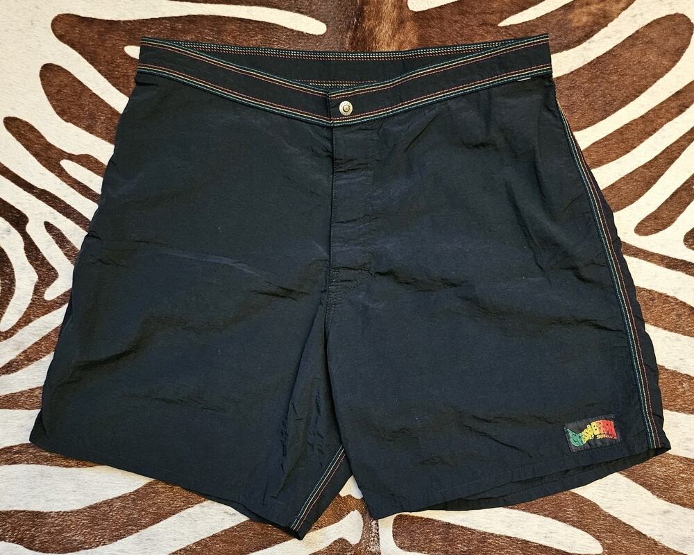 Vintage 80s Lifes A Beach Surf Gear CA, Bad Boy Rasta Board Shorts Swim Size 34